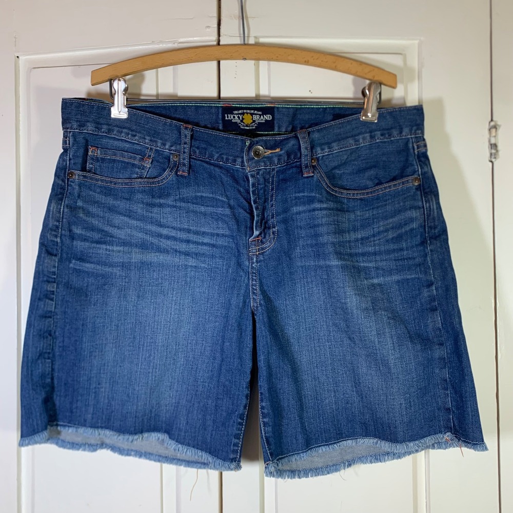 Lucky Brand Abbey Double Roll Denim Shorts Medium Wash Blue Size 14 32 Minimal